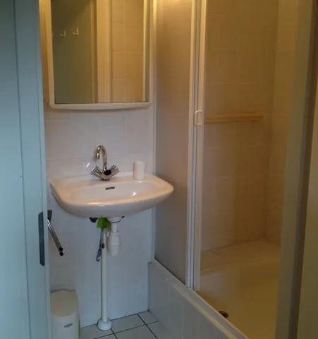 De douche met schuifdeuren, en een wastafel met een spiegel.